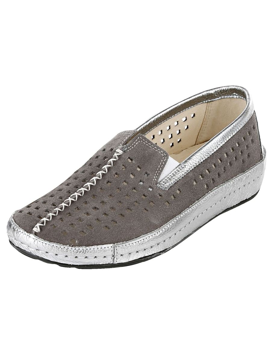 Vamos | Fur Damen Slipper mit sommerlicher Perforation - Silberfarben