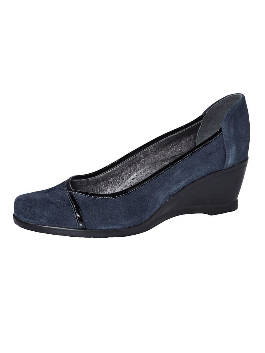 Vamos | Fur Damen Keilpumps aus feinem Veloursleder - Marineblau